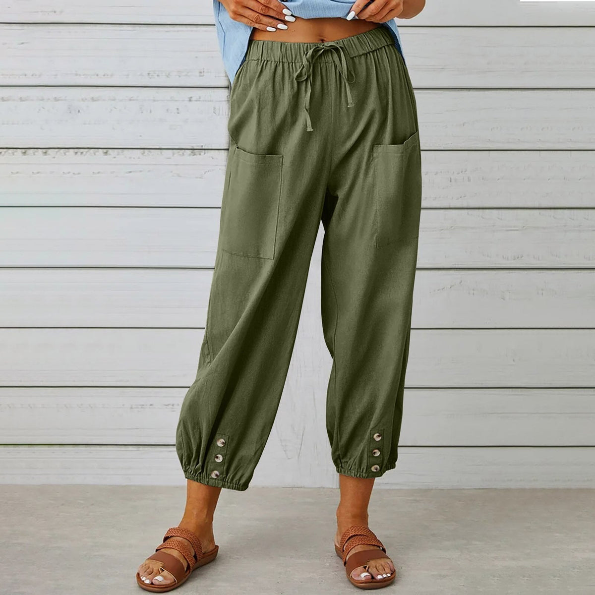 Cotton Linen Pockets Solid Loose Casual Long Trousers