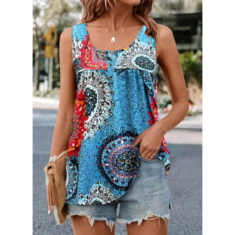 Tie Dyed Vintage Print Pullover V-Neck Button T-Shirt