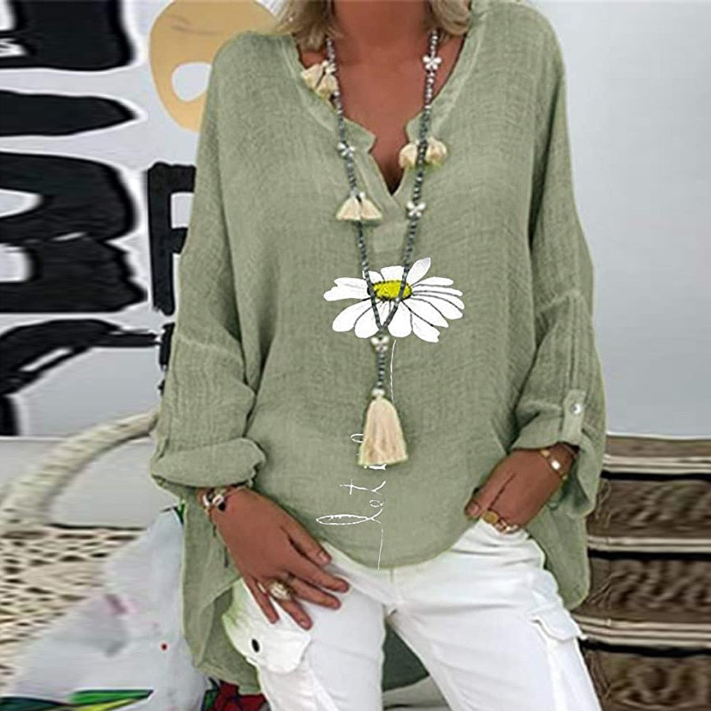 Long Sleeve Floral Print Loose V-Neck Shirt