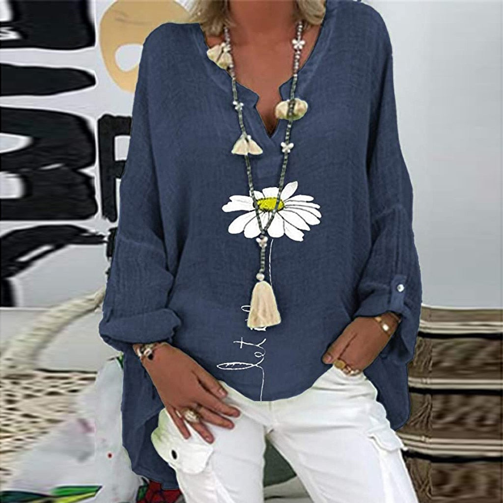 Long Sleeve Floral Print Loose V-Neck Shirt