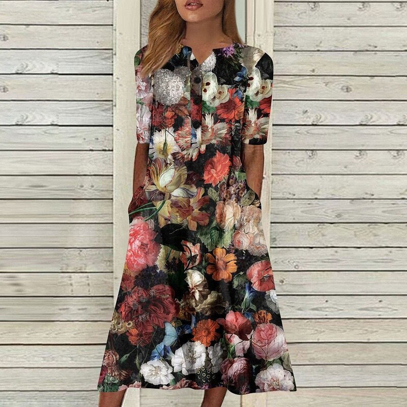 Vintage Casual Floral Print A-Line Short Sleeve Pocket Boho Dress
