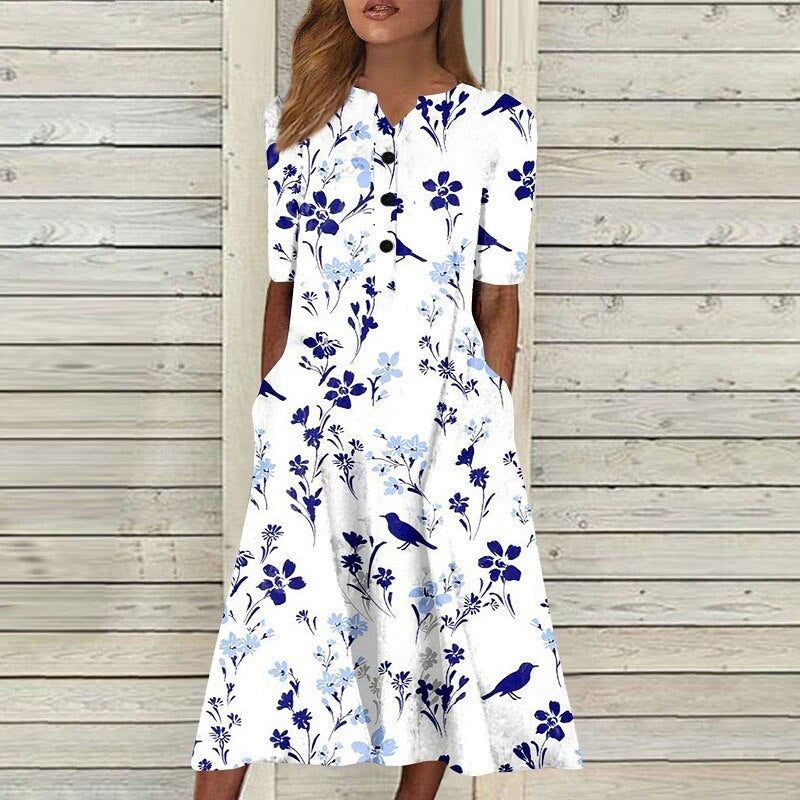 Vintage Casual Floral Print A-Line Short Sleeve Pocket Boho Dress