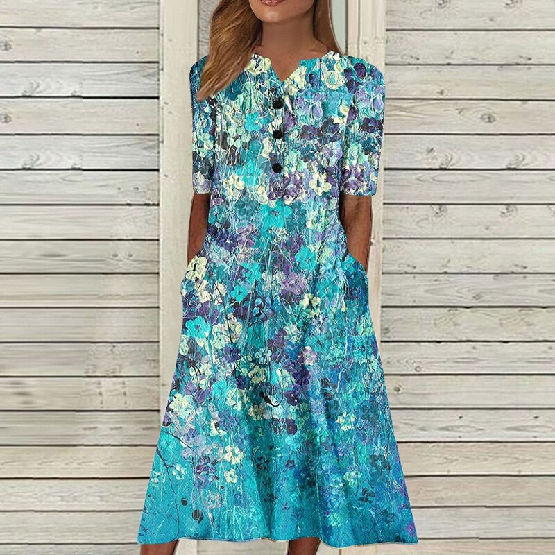Vintage Casual Floral Print A-Line Short Sleeve Pocket Boho Dress