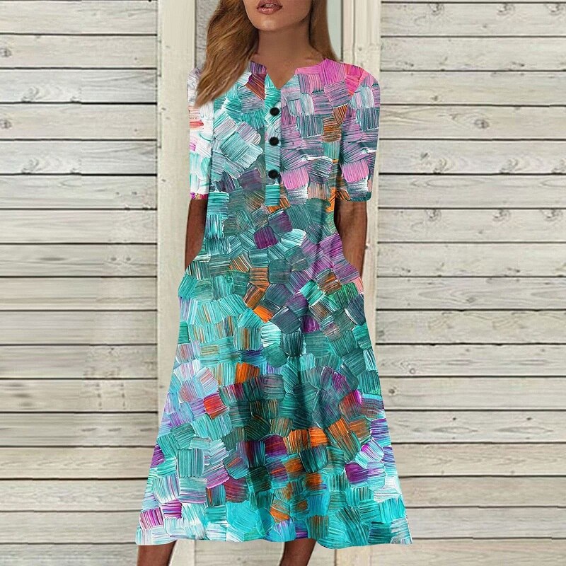 Vintage Casual Floral Print A-Line Short Sleeve Pocket Boho Dress