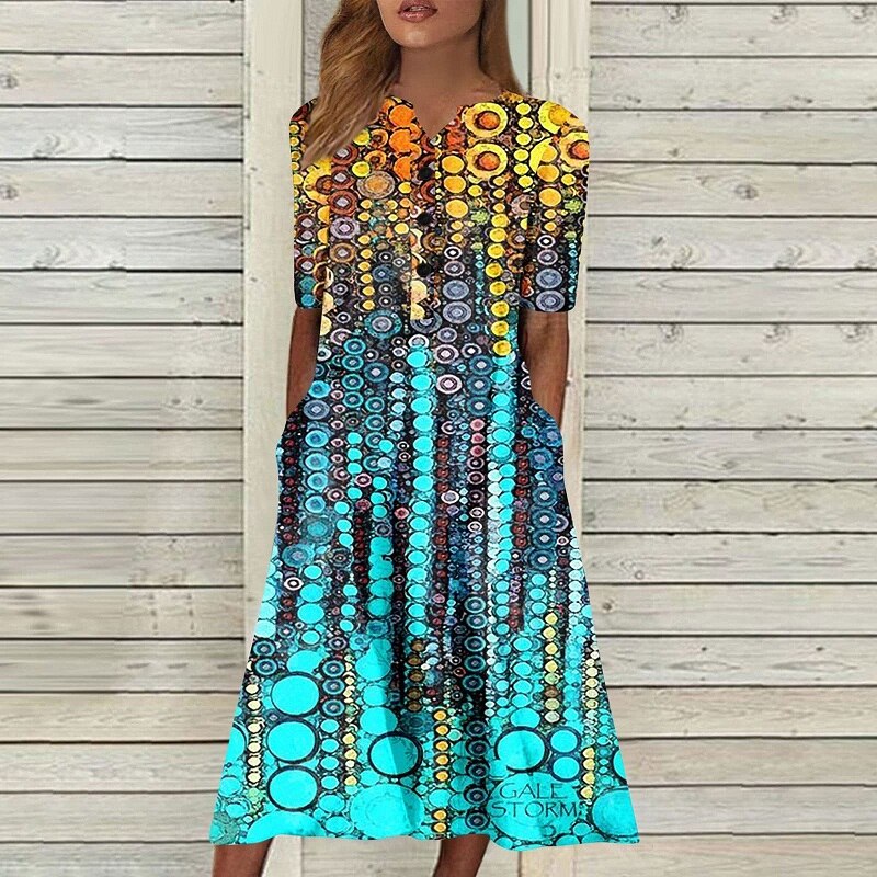 Vintage Casual Floral Print A-Line Short Sleeve Pocket Boho Dress