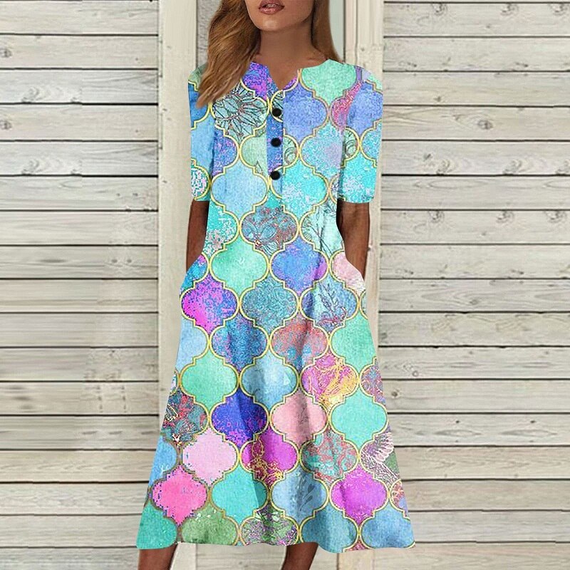 Vintage Casual Floral Print A-Line Short Sleeve Pocket Boho Dress