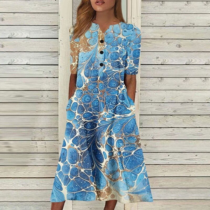 Vintage Casual Floral Print A-Line Short Sleeve Pocket Boho Dress