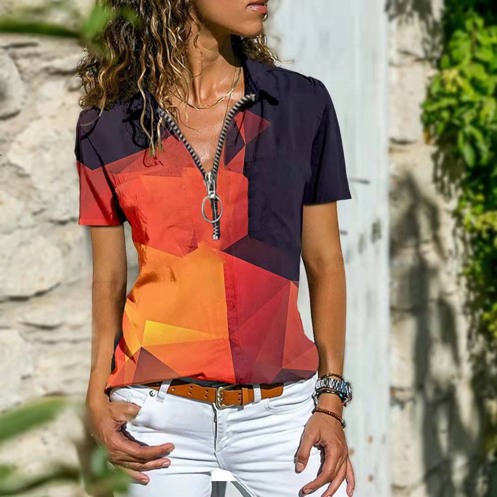 Short Sleeve V-Neck Zipper Loose Pullover T-Shirt