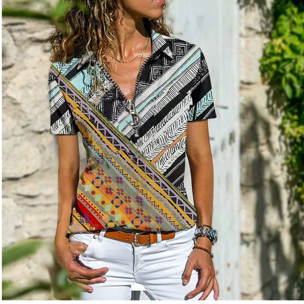 Short Sleeve V-Neck Zipper Loose Pullover T-Shirt