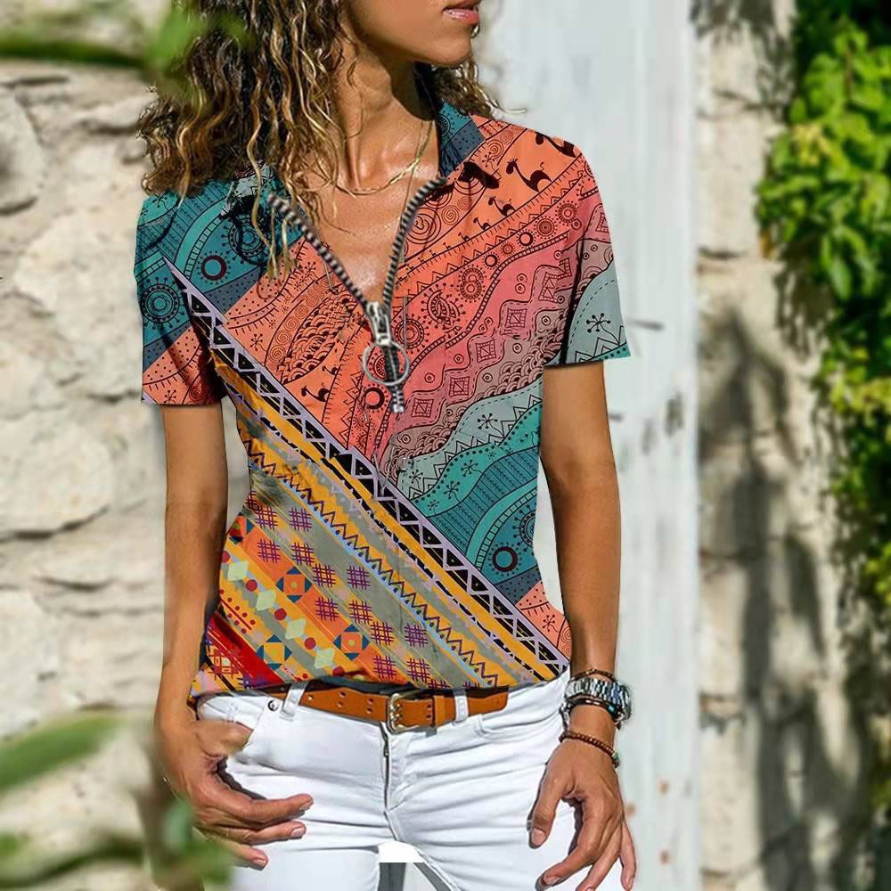 Short Sleeve V-Neck Zipper Loose Pullover T-Shirt
