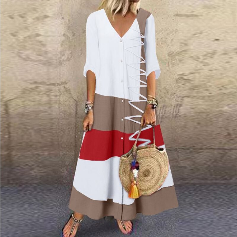 Casual Retro Print Short Sleeve Loose Maxi Dress