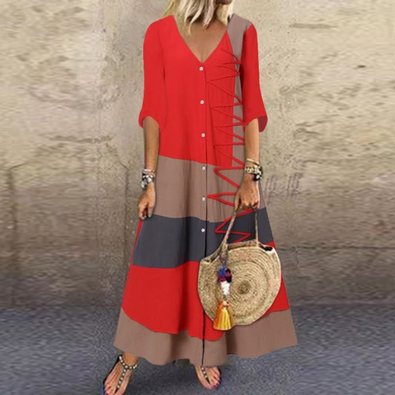 Casual Retro Print Short Sleeve Loose Maxi Dress