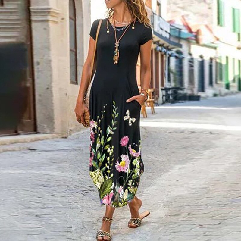 Floral Print Pockets Short Sleeve Maxi Dress