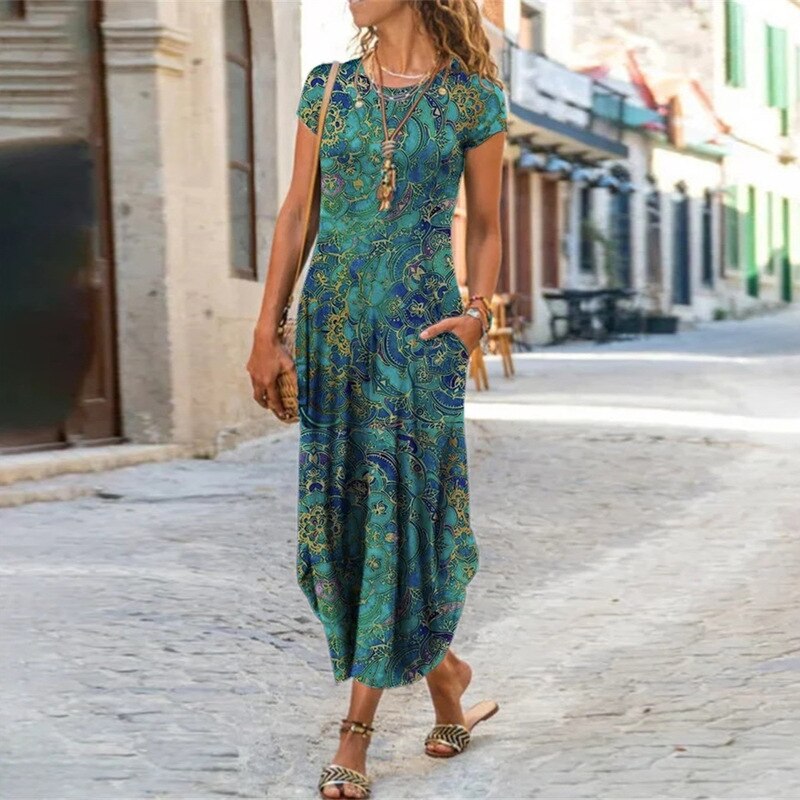 Floral Print Pockets Short Sleeve Maxi Dress