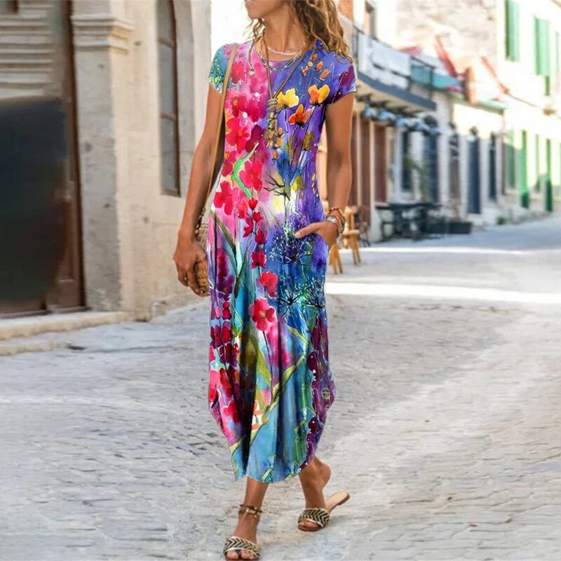 Floral Print Pockets Short Sleeve Maxi Dress
