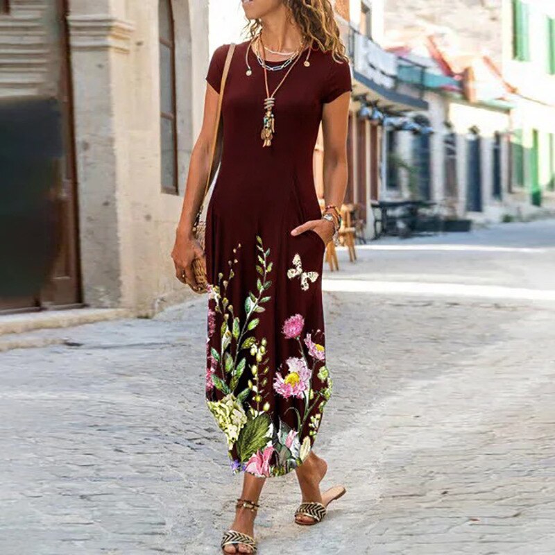Floral Print Pockets Short Sleeve Maxi Dress