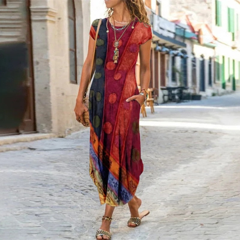 Floral Print Pockets Short Sleeve Maxi Dress