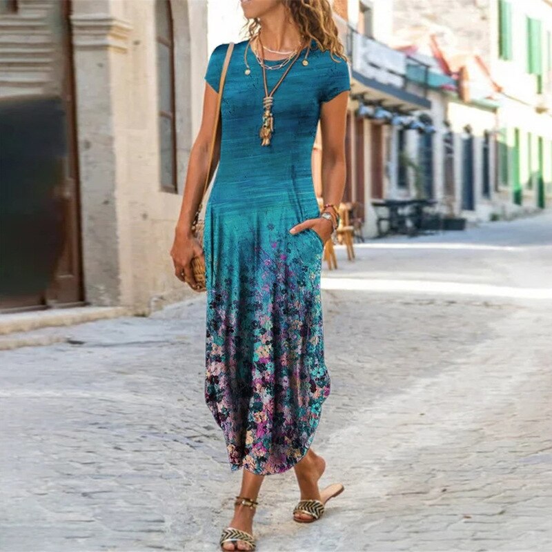 Floral Print Pockets Short Sleeve Maxi Dress