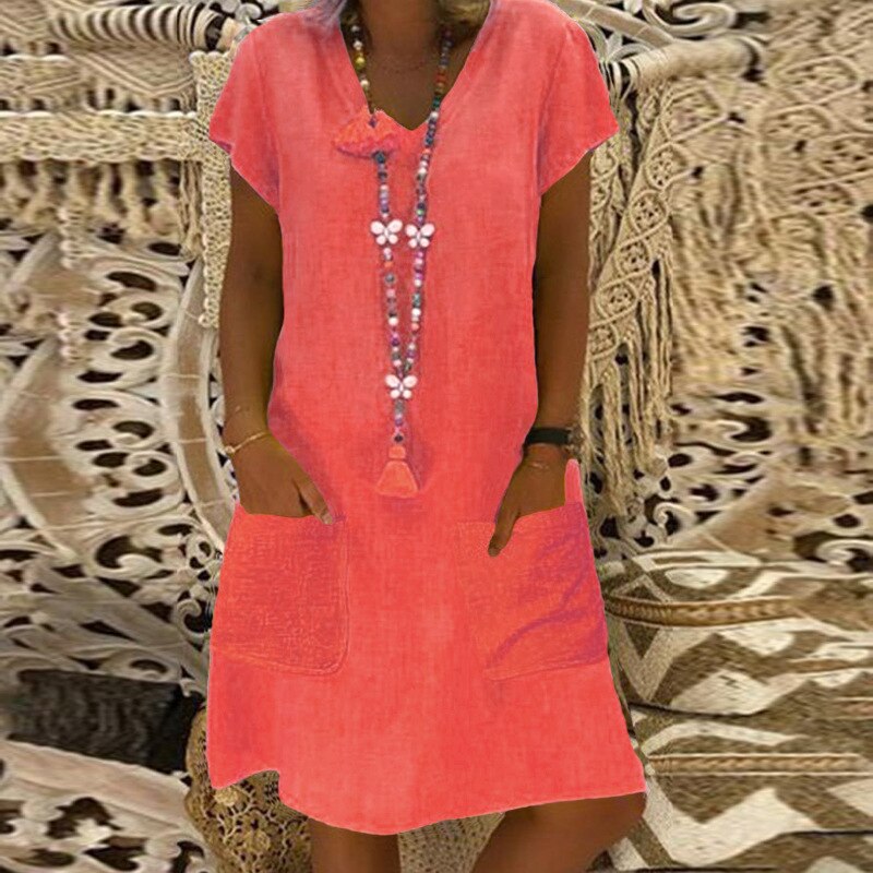 Short Sleeve Solid V Neck Casual Kaftan Pocket Loose Midi Dresses