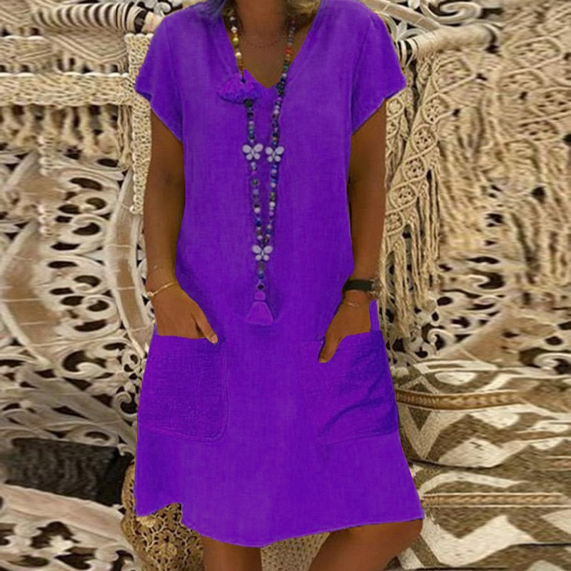 Short Sleeve Solid V Neck Casual Kaftan Pocket Loose Midi Dresses