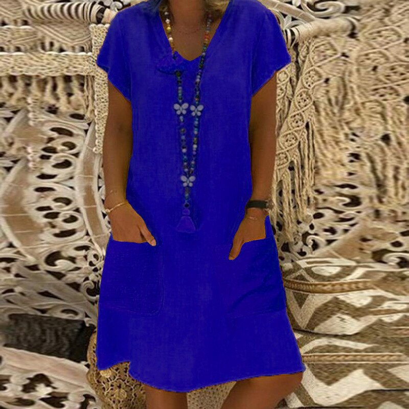 Short Sleeve Solid V Neck Casual Kaftan Pocket Loose Midi Dresses