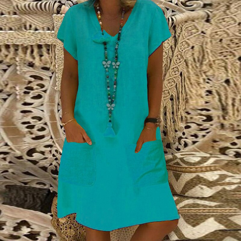 Short Sleeve Solid V Neck Casual Kaftan Pocket Loose Midi Dresses