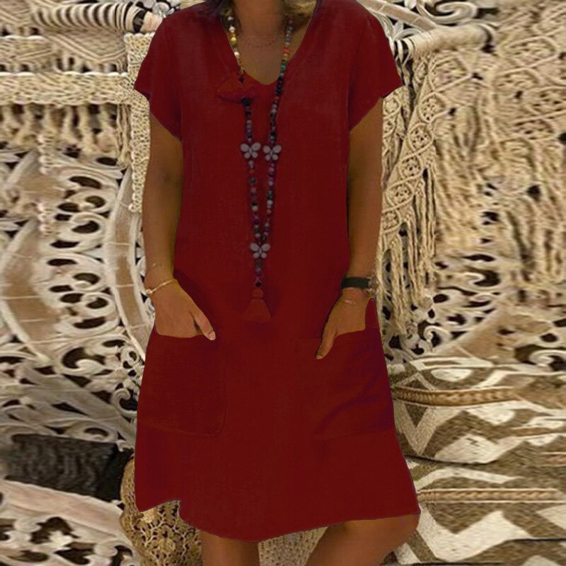Short Sleeve Solid V Neck Casual Kaftan Pocket Loose Midi Dresses