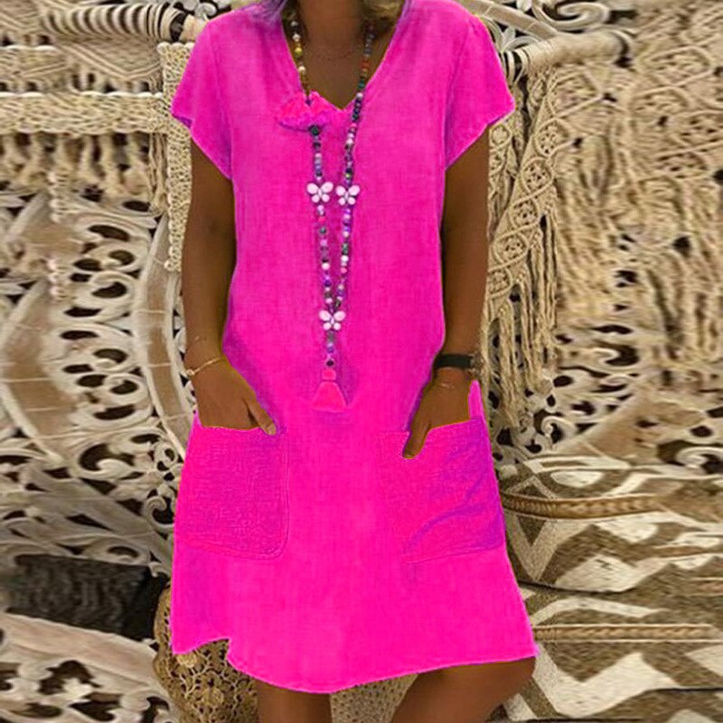 Short Sleeve Solid V Neck Casual Kaftan Pocket Loose Midi Dresses