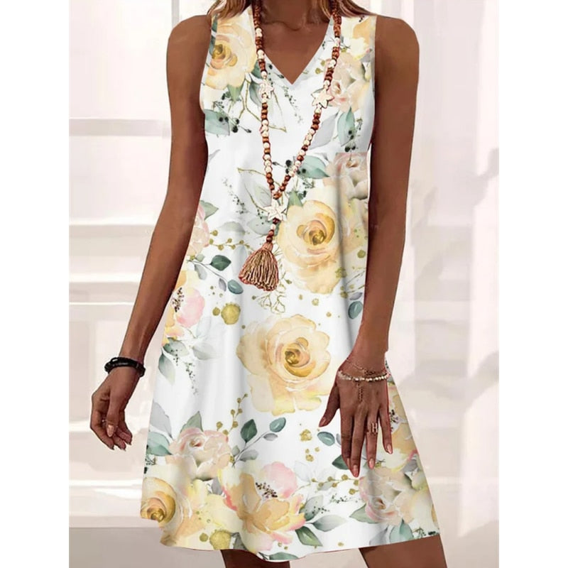 Loose Pullover Print Sexy V-Neck leeveless A-Line Midi Dress