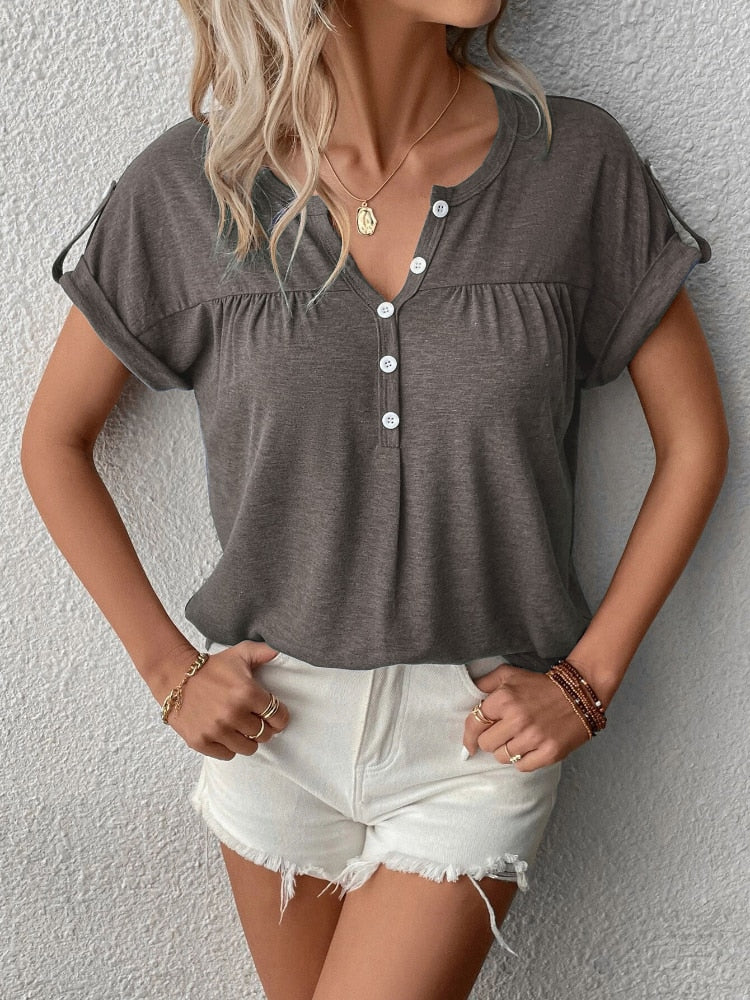 Women's Fashion Oversized Short Sleeve Solid Color V-Neck Button T-Shirt