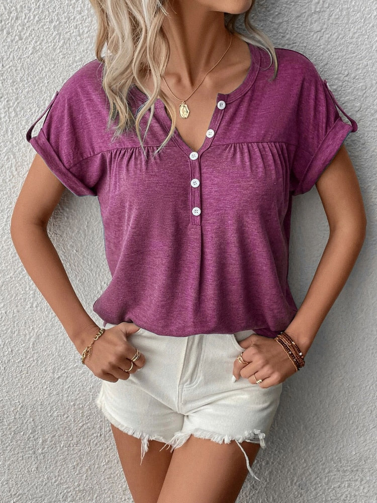 Women's Fashion Oversized Short Sleeve Solid Color V-Neck Button T-Shirt