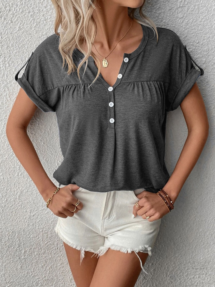 Women's Fashion Oversized Short Sleeve Solid Color V-Neck Button T-Shirt