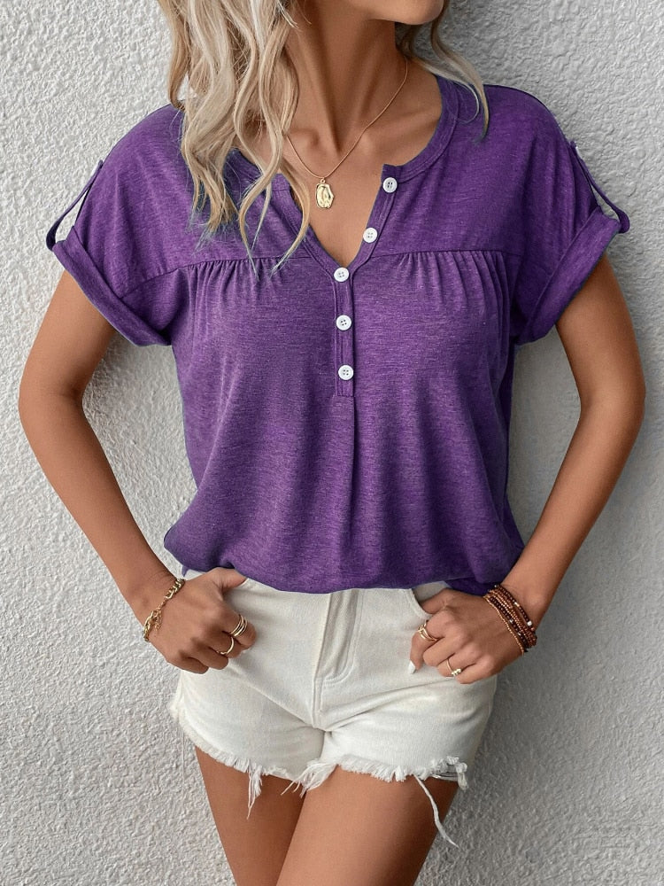 Women's Fashion Oversized Short Sleeve Solid Color V-Neck Button T-Shirt