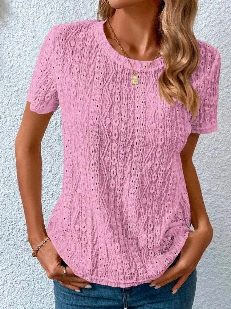 Solid Color Short Sleeve Hollow Out Round Neck T-Shirt