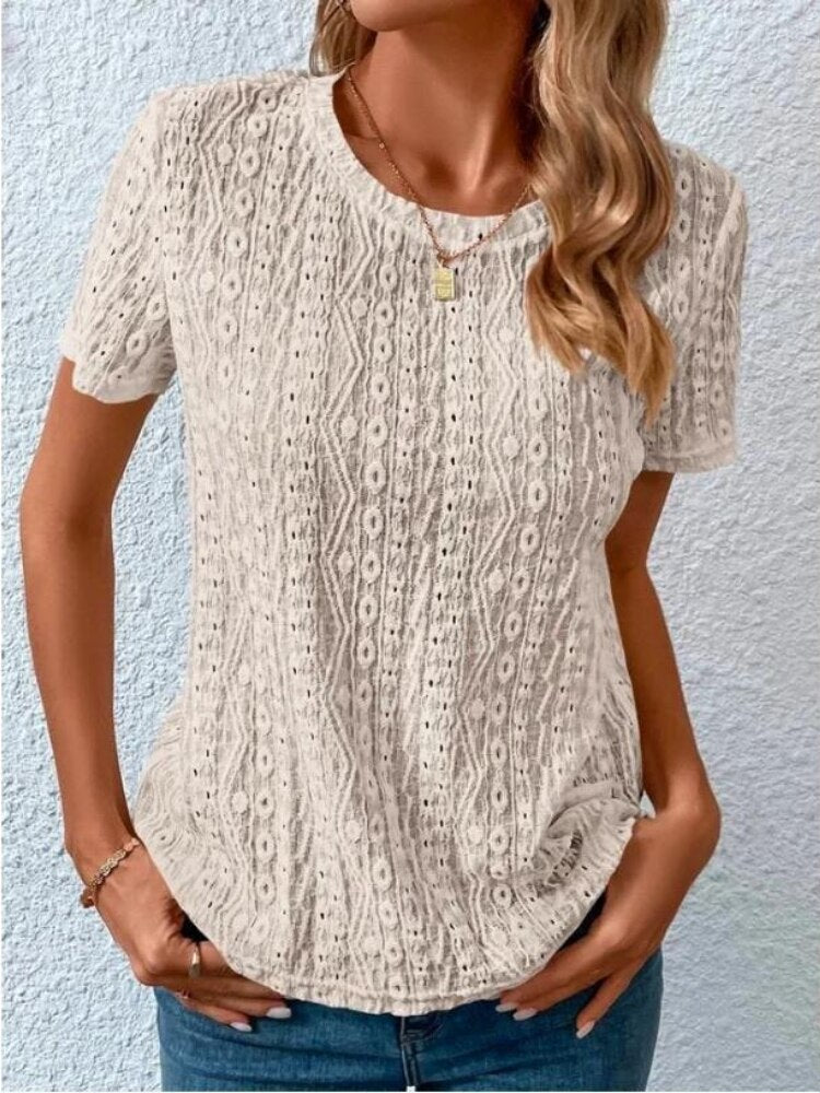 Solid Color Short Sleeve Hollow Out Round Neck T-Shirt