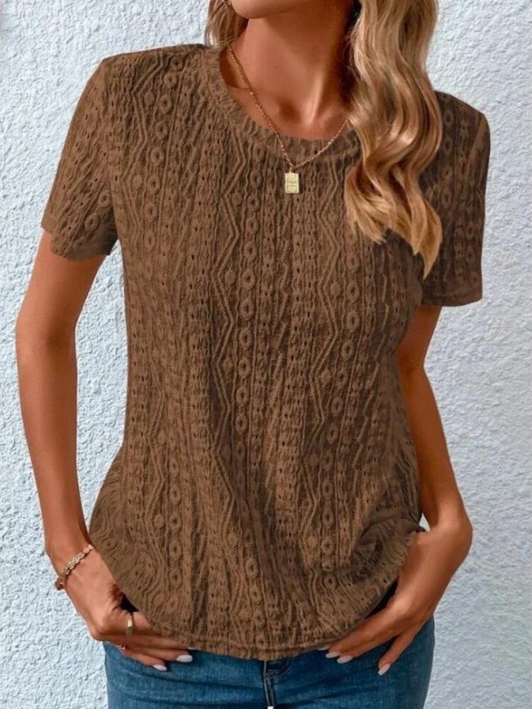 Solid Color Short Sleeve Hollow Out Round Neck T-Shirt