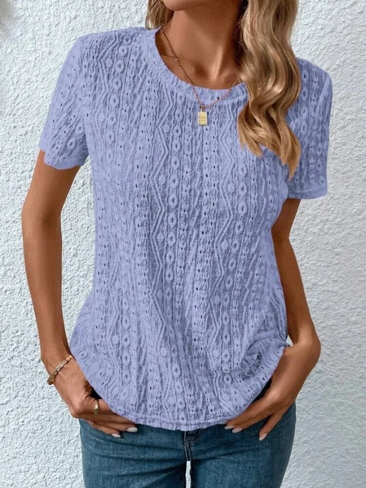 Solid Color Short Sleeve Hollow Out Round Neck T-Shirt