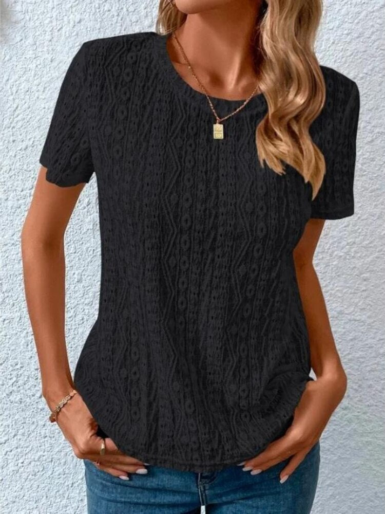 Solid Color Short Sleeve Hollow Out Round Neck T-Shirt