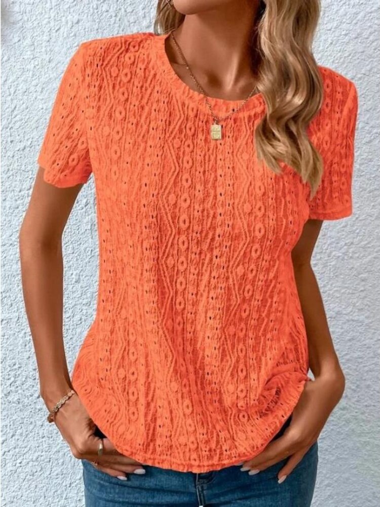 Solid Color Short Sleeve Hollow Out Round Neck T-Shirt