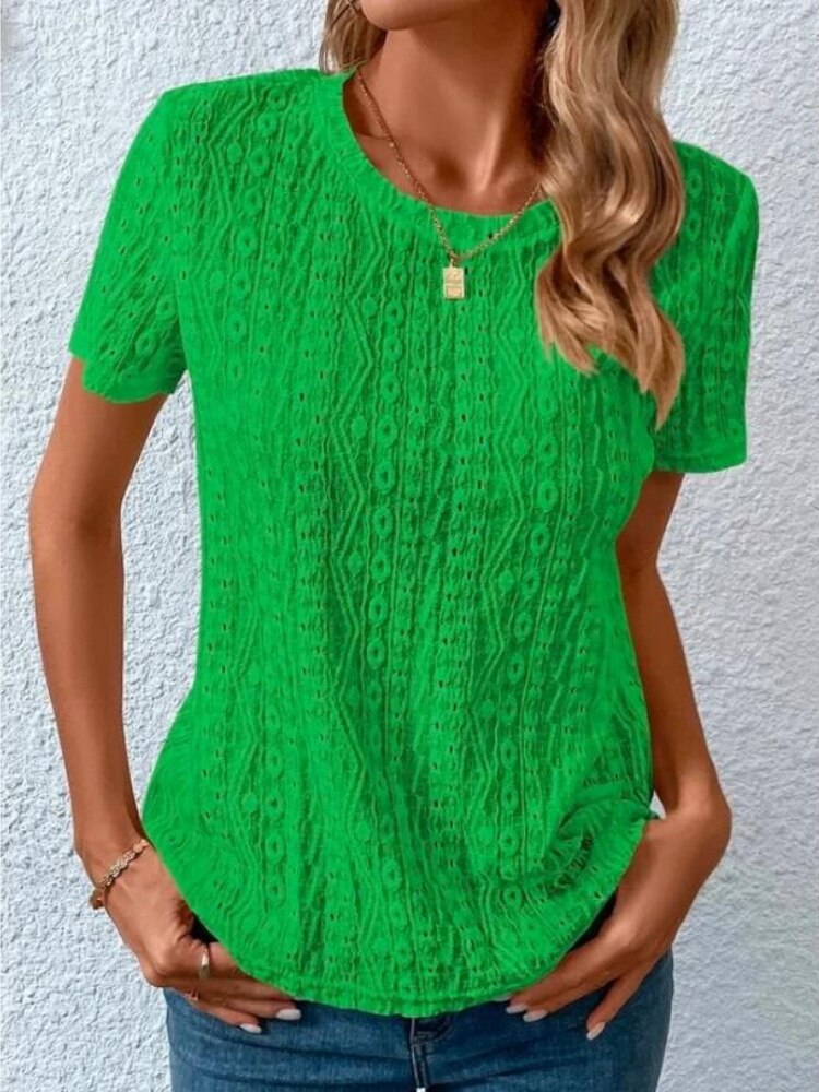 Solid Color Short Sleeve Hollow Out Round Neck T-Shirt