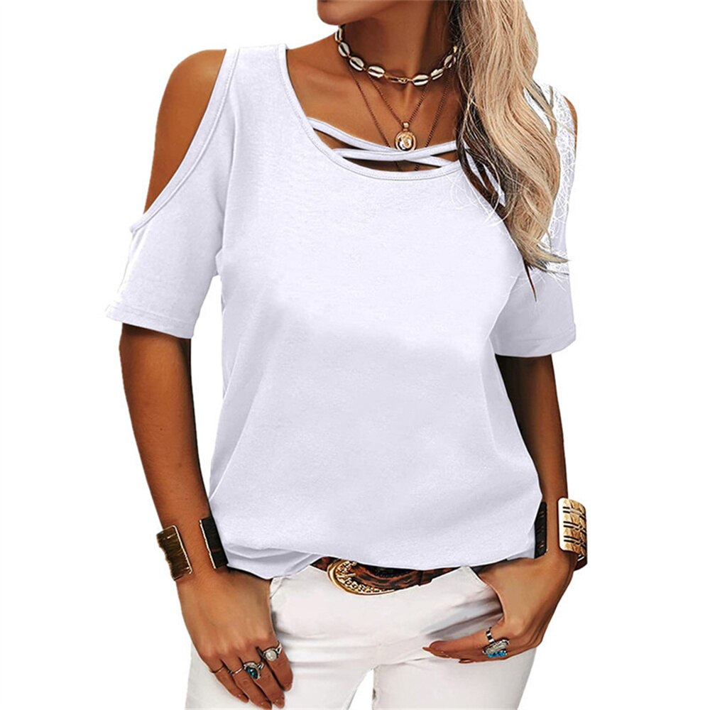 Short Sleeve Solid Cold Shoulder T-Shirts