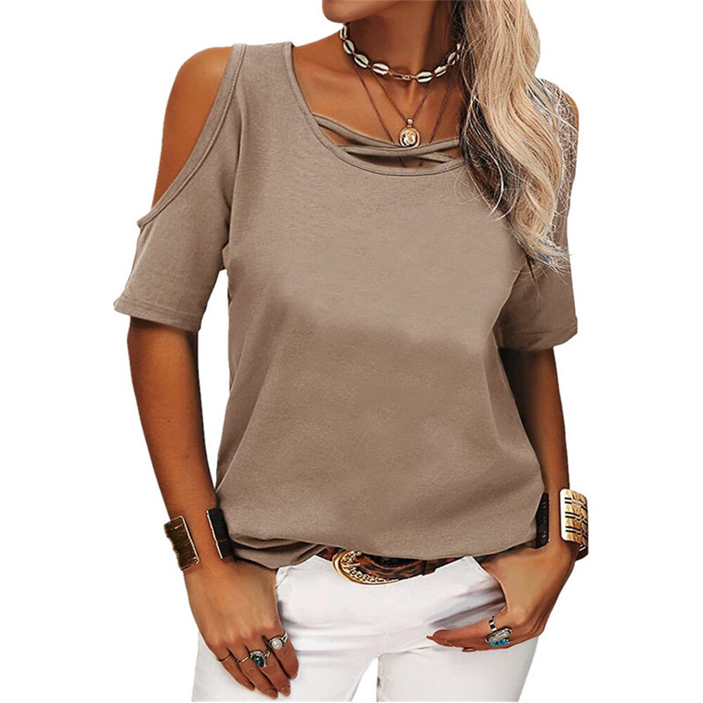 Short Sleeve Solid Cold Shoulder T-Shirts