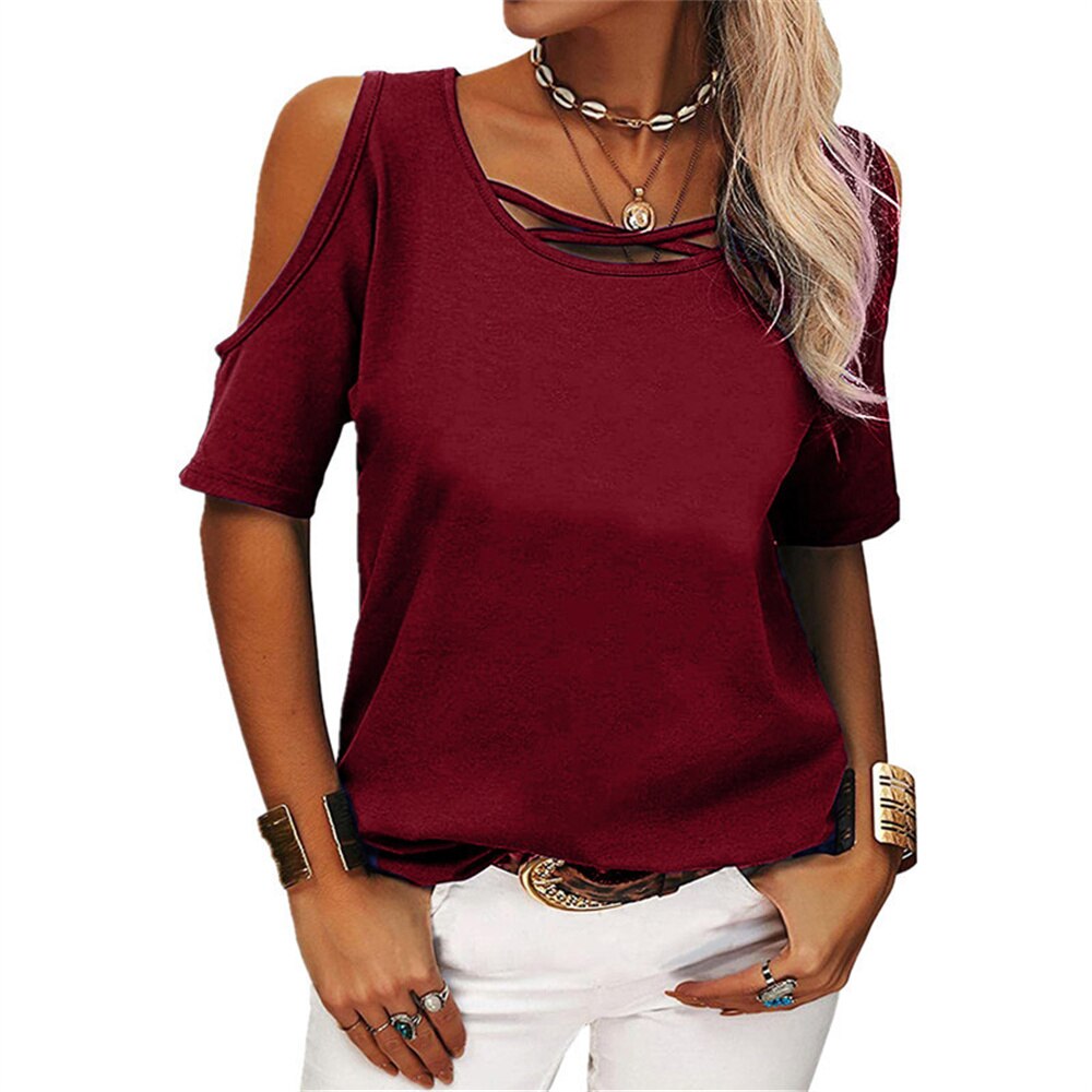 Short Sleeve Solid Cold Shoulder T-Shirts