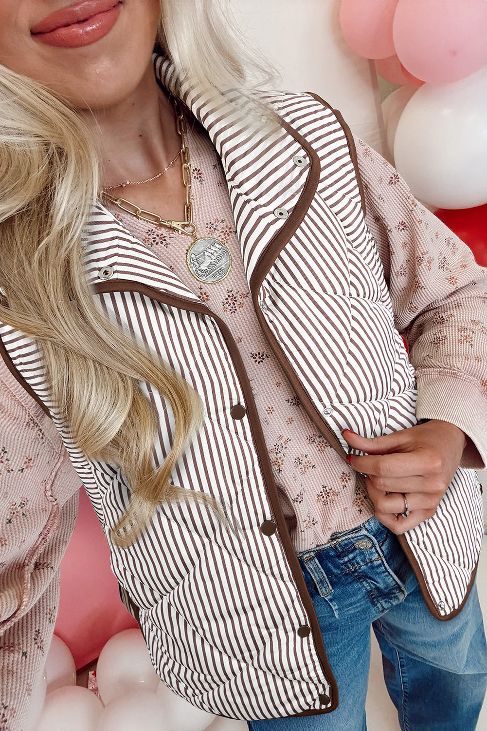 Brown Stripe Snap Button Scalloped Hem Collared Winter Vest