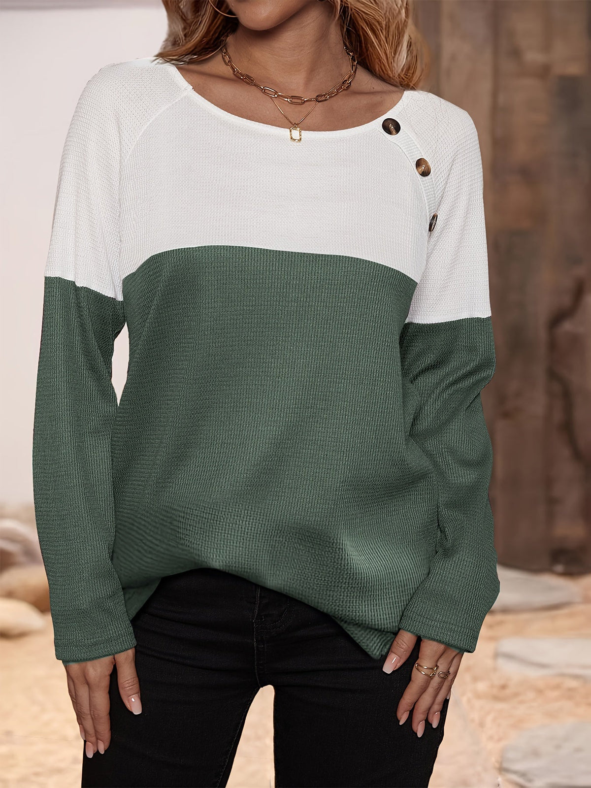 Women's Colorblock Button Decor Waffle Pattern Long Sleeve Round Neck Top