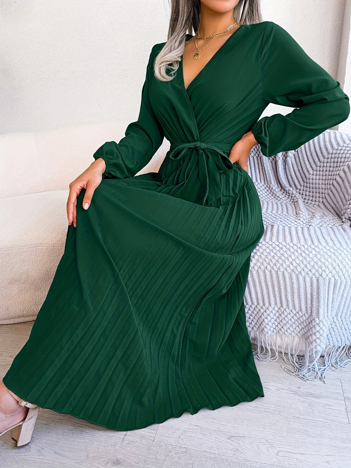 Pleated Surplice Neck Dress, Elegant Long Sleeve Solid Dress, Women's Clothing
