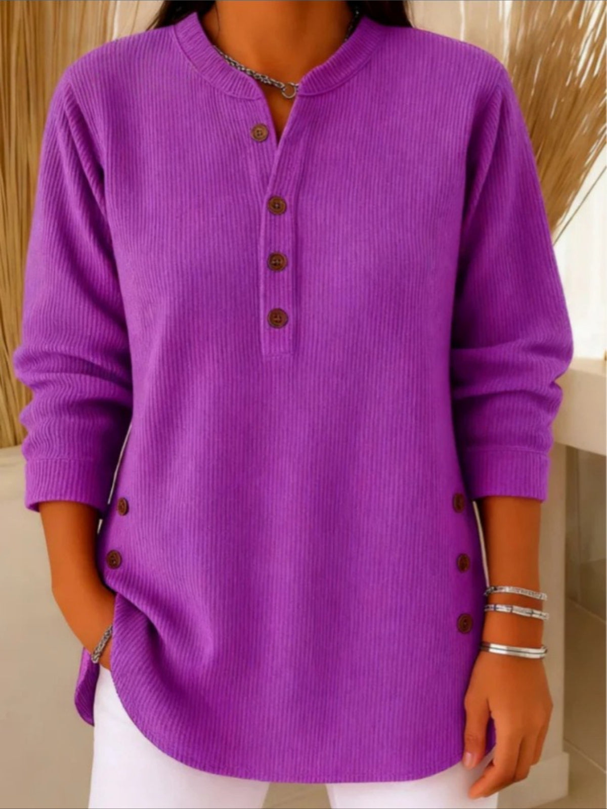 Corduroy Solid Color Loose Casual V-Neck Button Long Sleeve Top