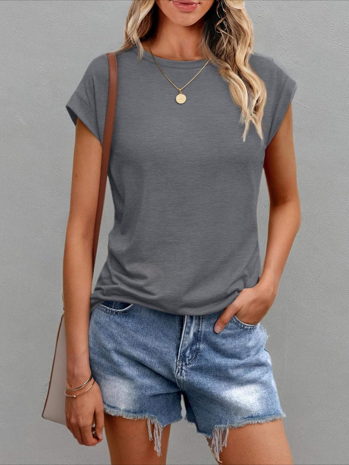 Solid Color Round Neck Cap Sleeve T Shirts