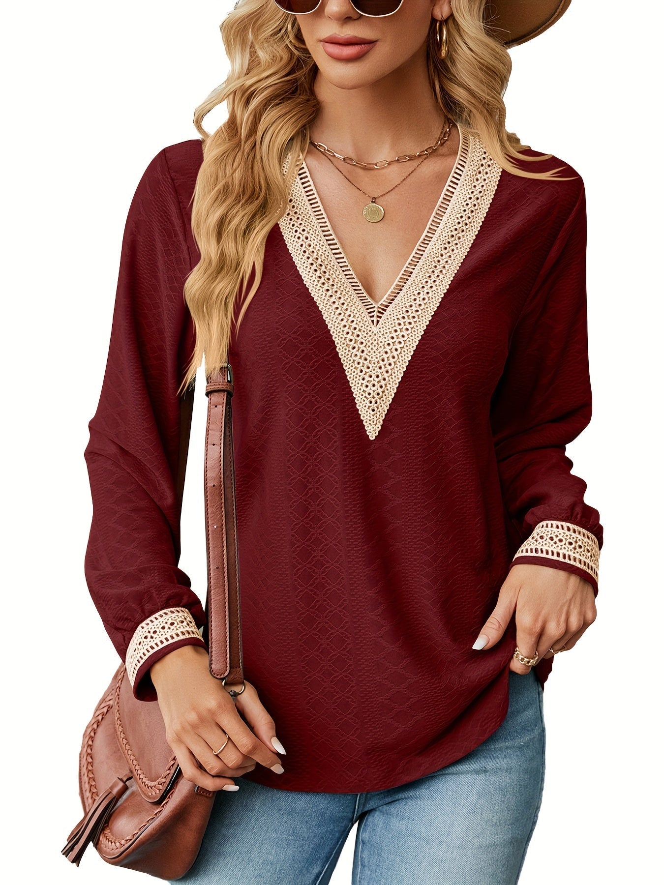 Casual Blouses Lace V Neck T Shirts Dressy Fall Long Sleeve Business Tunic Tops