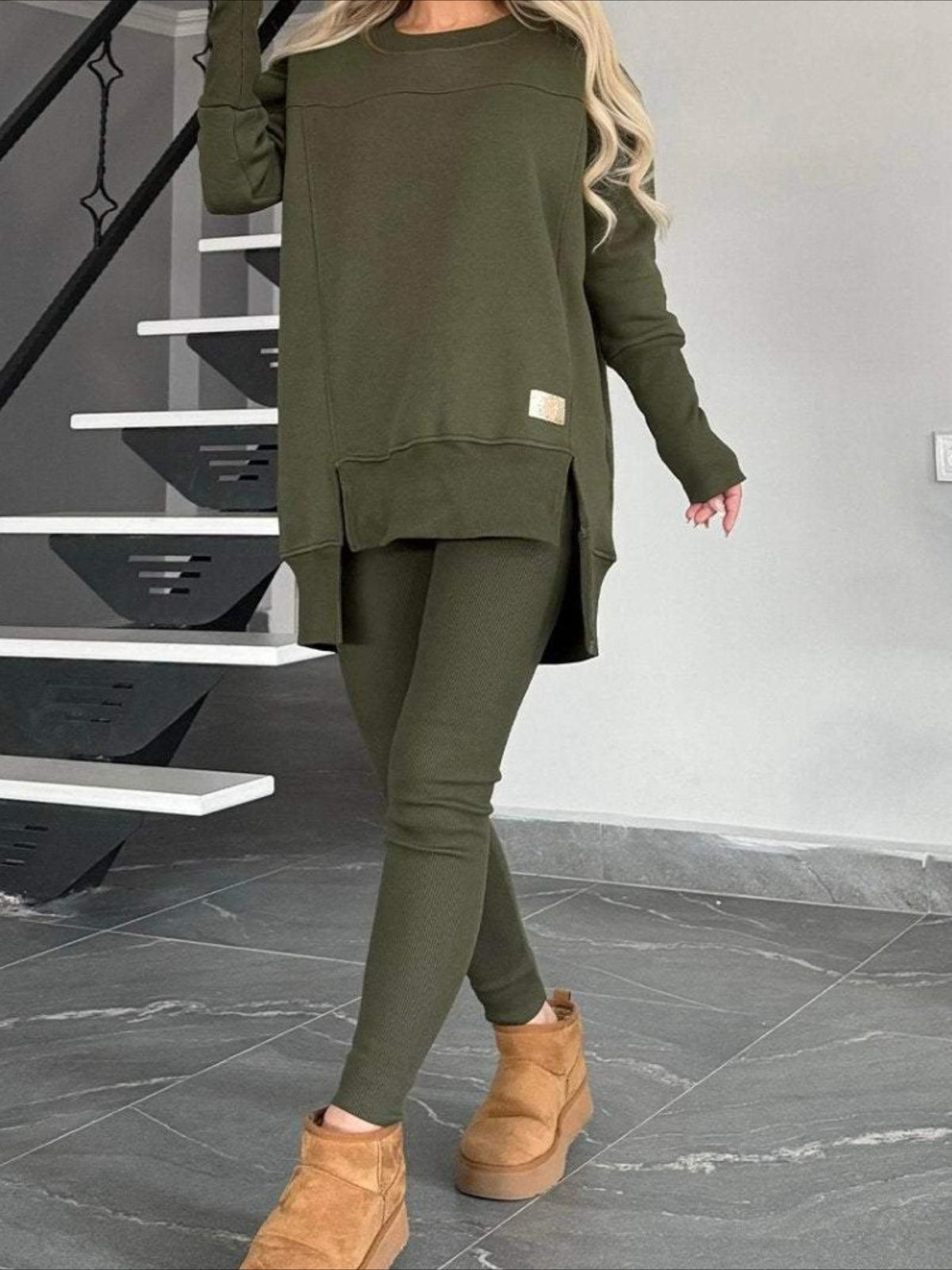 Slit Round Neck Top and Pants Set